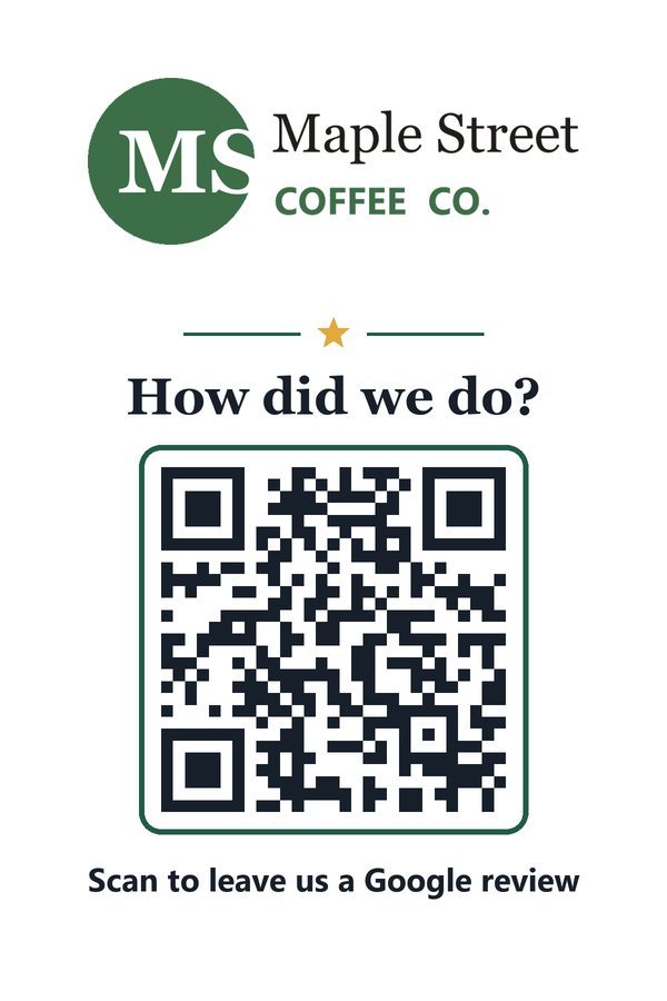 Sample stand design: a coffee shop logo, the words How did we do, a QR code and Scan to leave us a Google review